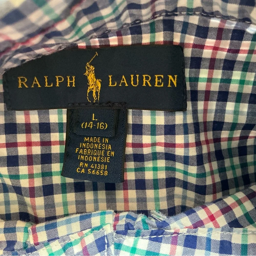 Ralph Lauren Junior plaid blue pink button up long sleeve shirt large (14-16)